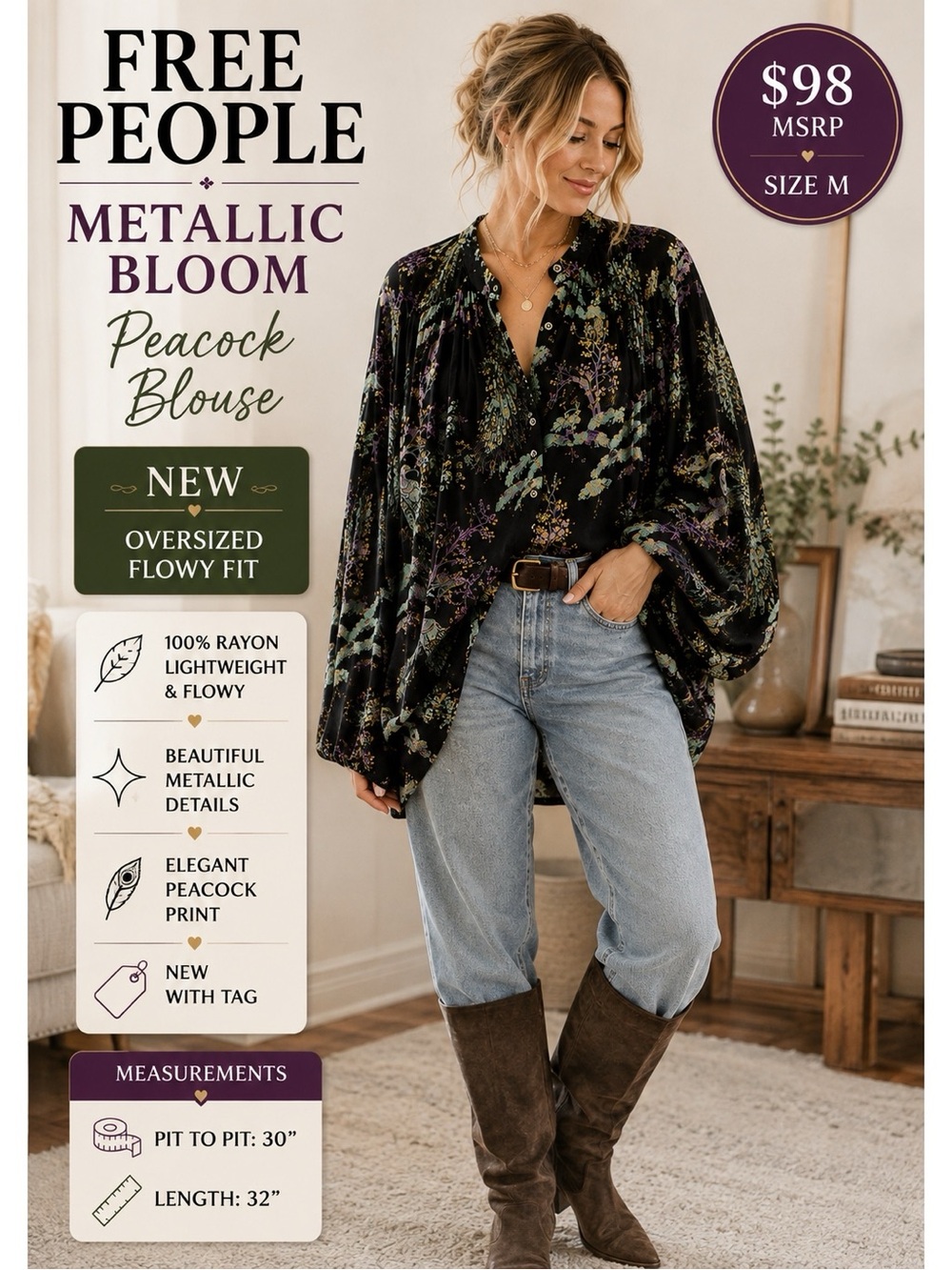 Free People Metallic Bloom Peacock Blouse Medium New Oversized Boho
